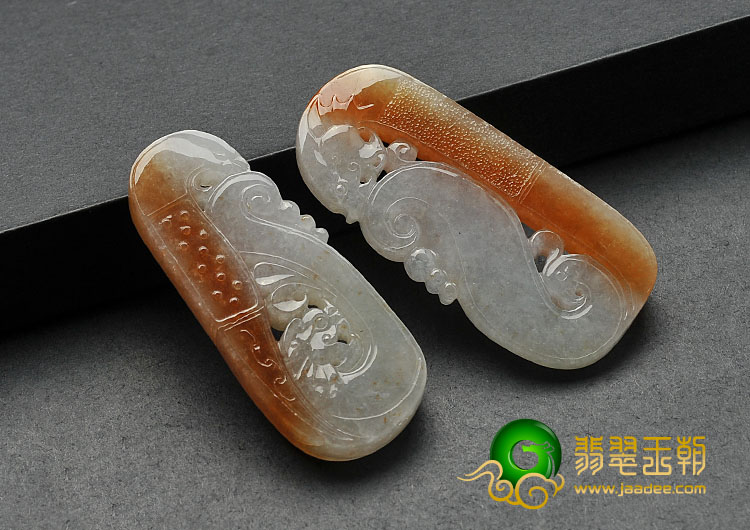 糯冰种红黄翡缅甸翡翠A货仿古龙牌（一对）