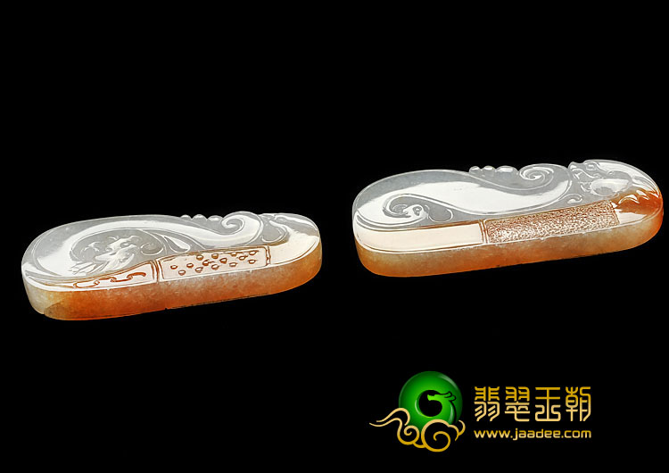 糯冰种红黄翡缅甸翡翠A货仿古龙牌（一对）