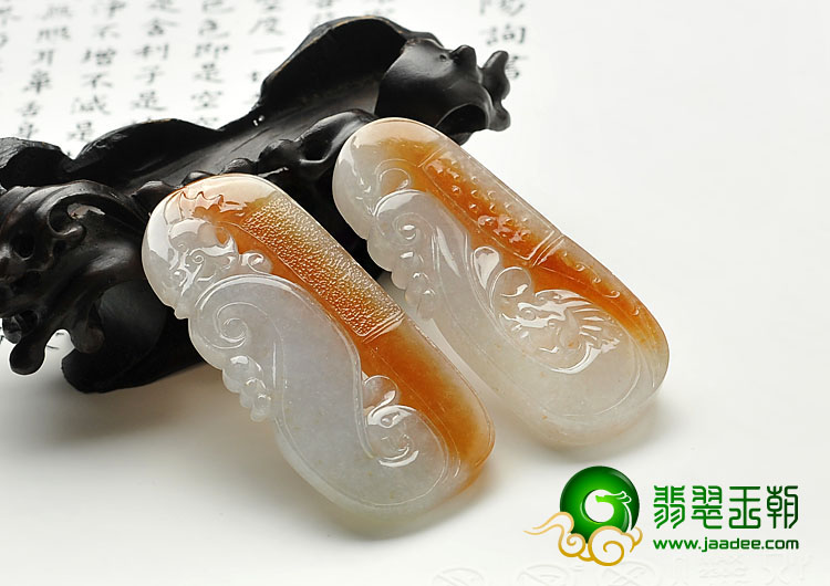 糯冰种红黄翡缅甸翡翠A货仿古龙牌（一对）