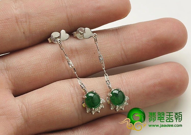冰种正阳绿缅甸翡翠A货镶白金耳环（真钻）