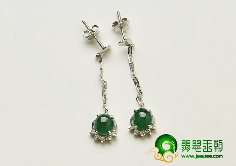 冰种正阳绿缅甸翡翠A货镶白金耳环（真钻）