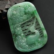 糯冰种飘花缅甸翡翠A货松鹤延年挂件