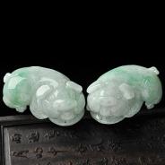 糯冰种晴水飘花缅甸翡翠A货福猪挂件（一对）
