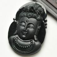 冰种墨翠缅甸翡翠A货观音头挂件