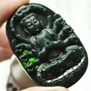冰种墨翠缅甸翡翠A货千手观音挂件
