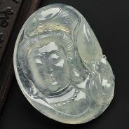 冰玻种略飘花缅甸翡翠A货观音头挂件