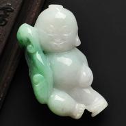 糯冰种飘翠缅甸翡翠A货招财童子挂件