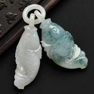 糯冰种飘花缅甸翡翠A货年年有余挂件
