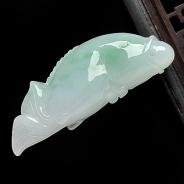糯冰种飘花缅甸翡翠A货年年有余挂件