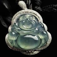 冰玻种晴水缅甸翡翠A货镶白金玉佛胸坠（真钻）