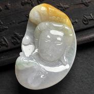 糯冰种三彩缅甸翡翠A货观音头挂件
