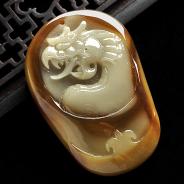 (超值推荐)糯冰种褐黄翡缅甸翡翠A货仿古龙牌挂件