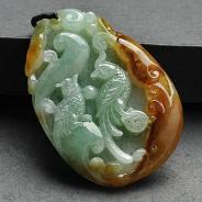 糯冰种红黄翡豆色缅甸翡翠A货双喜临门挂件