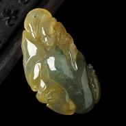 冰种黄翡飘花缅甸翡翠A货福寿如意挂件