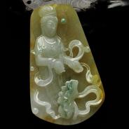 糯冰种黄翡飘花缅甸翡翠A货观音挂件