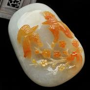 糯冰种红黄翡缅甸翡翠A货喜上眉梢挂件