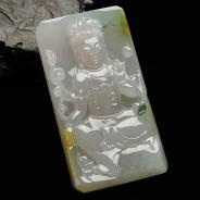 冰种淡黄翡飘花缅甸翡翠A货观音挂件