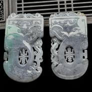 糯冰种水墨色缅甸翡翠A货仿古龙凤呈祥（一对）