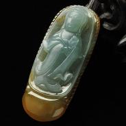 冰种晴水褐黄翡缅甸翡翠A货站观音挂件