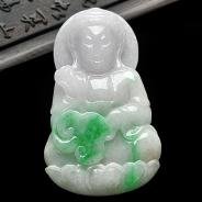 细糯种春带彩缅甸翡翠A货观音挂件