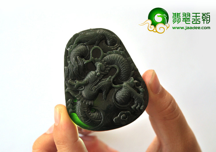 糯冰种墨翠缅甸翡翠A货龙牌挂件