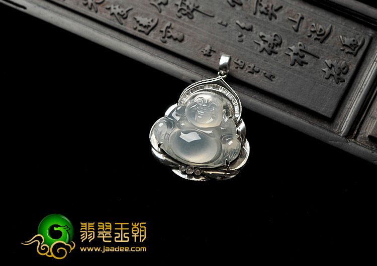 冰种缅甸翡翠A货镶白金玉佛胸坠