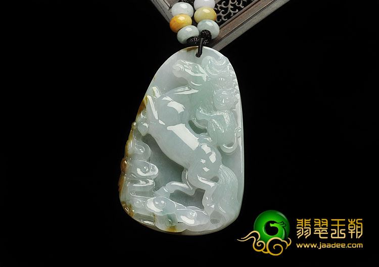 糯冰种褐黄翡略飘花缅甸翡翠A货马上封侯挂件