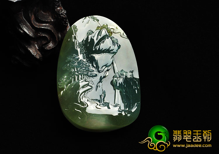 糯冰种蓝晴水略带褐黄翡缅甸翡翠A货高山流水挂件