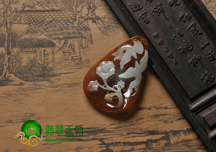糯冰种褐红翡缅甸翡翠A货喜上眉梢挂件