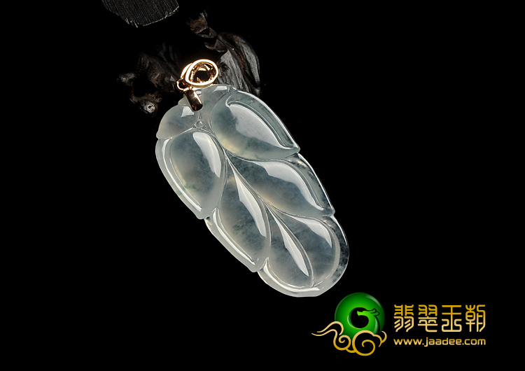 冰种飘花缅甸翡翠A货镶玫瑰金扣叶子挂件（真钻）