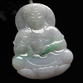 糯冰种春带彩缅甸翡翠A货观音挂件