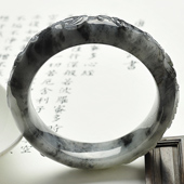 糯冰种（乌鸡种）墨色缅甸翡翠A货五福临门雕花镯（56.8mm）