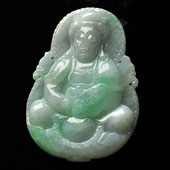 糯冰种白底略飘花缅甸翡翠A货观音挂件