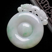 糯冰种春带彩缅甸翡翠A货双龙如意挂件