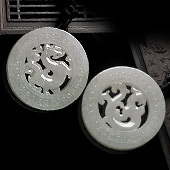 (超值推荐)糯冰种晴水缅甸翡翠A货圆龙凤牌挂件（一对）