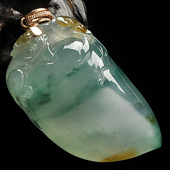 冰玻种飘花略带黄翡缅甸翡翠A货镶玫瑰金扣福瓜挂件（真钻）