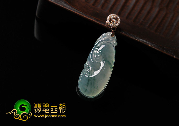 冰种飘花缅甸翡翠A货镶玫瑰金扣如意挂件（真钻）