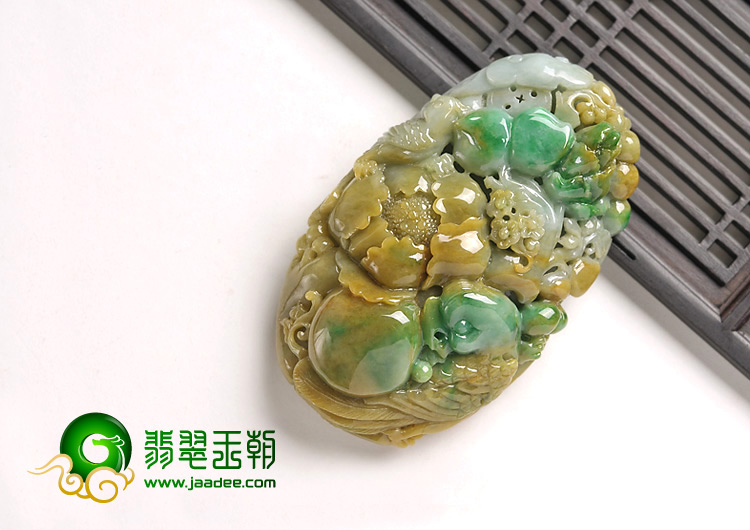 细糯种黄加绿缅甸翡翠A货富贵花开挂件