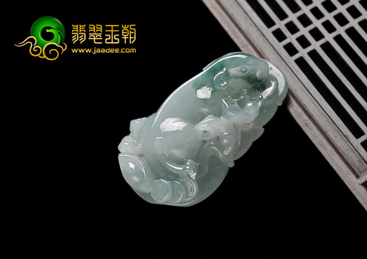 糯冰种飘花缅甸翡翠A货五鼠运财挂件