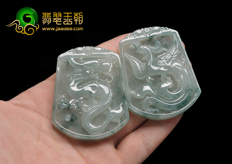 糯冰种飘花缅甸翡翠A货龙凤牌挂件（一对）