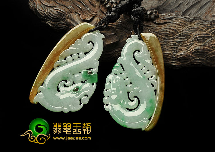 糯冰种三彩缅甸翡翠A货龙凤佩挂件（一对）