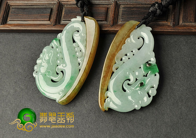 糯冰种三彩缅甸翡翠A货龙凤佩挂件（一对）