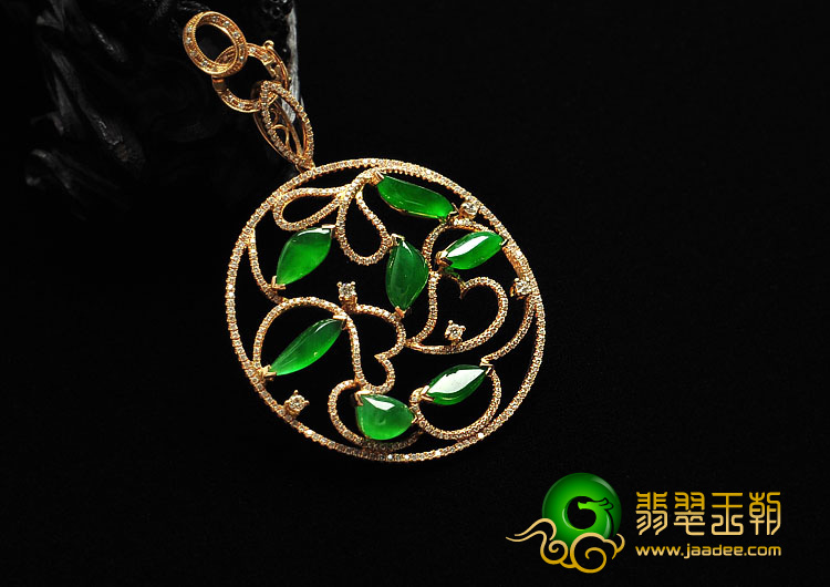 冰种正阳绿缅甸翡翠A货镶玫瑰金花好月圆胸坠（真钻）