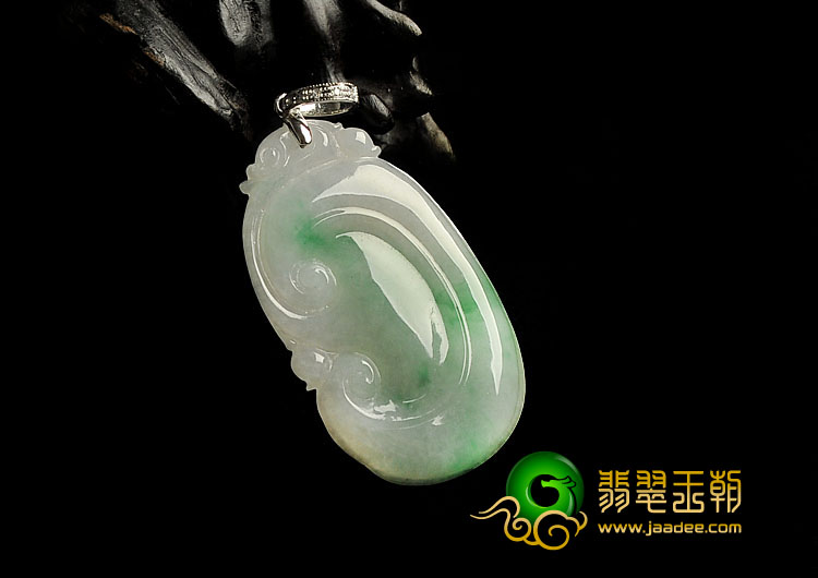糯冰种翠色缅甸翡翠A货镶金扣如意寿挂件（真钻）