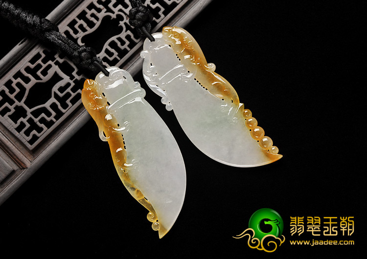 糯冰种黄翡缅甸翡翠A货府中有龙挂件（一对）