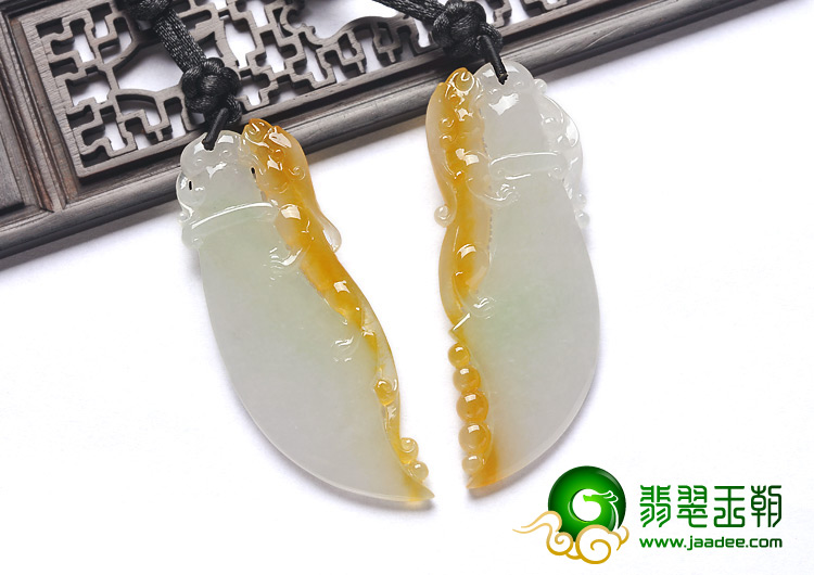 糯冰种黄翡缅甸翡翠A货府中有龙挂件（一对）