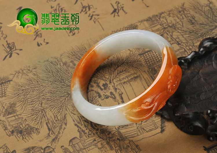 糯冰种红黄翡缅甸翡翠A货仿古龙镯（60.5mm）