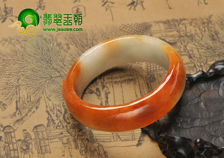 糯冰种红黄翡缅甸翡翠A货仿古福镯（57.4mm）