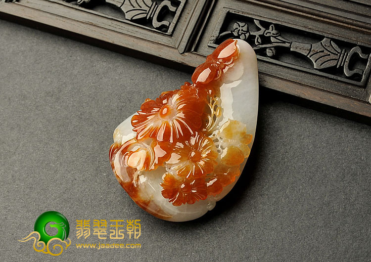 糯冰种红翡缅甸翡翠A货花开富贵挂件