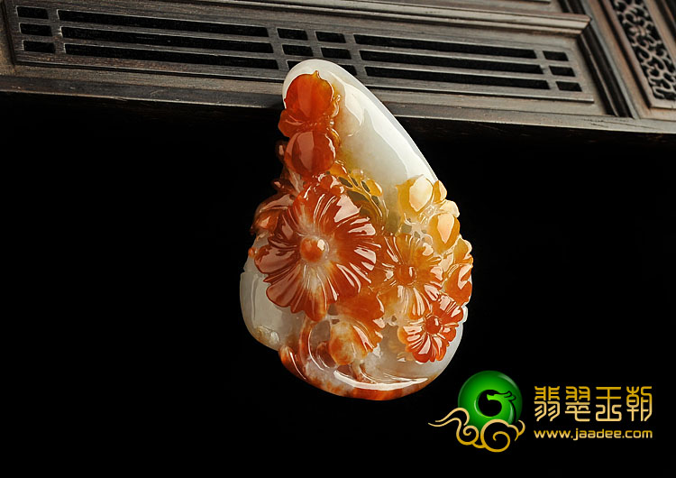 糯冰种红翡缅甸翡翠A货花开富贵挂件